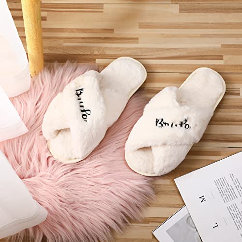 JenPen Women White Bride Slippers for Wedding Day Plush Slippers Bridal Shower Gift for Bride Party(White)4