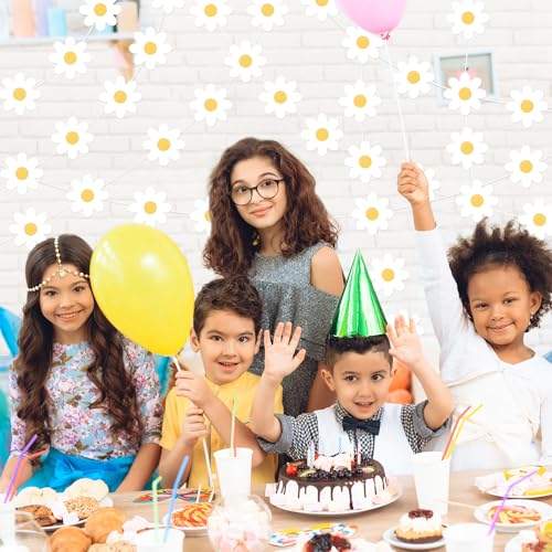 Image of Pasimy 8 Pcs Daisy Boho Party Decorations Groovy Daisy Paper Garlands White Flower Hanging Garland Banner Hippie Flower Cutouts for Birthday Shower Wedding Party Favor Supplies (Classic,White)