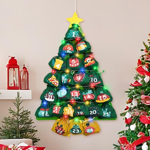 cshare Christmas Advent Calendars with Pockets, Christmas Tree Hanging Advent Calendar Reusable, Empty to Fill Farbic 24 Days Countdown Christmas Decorations