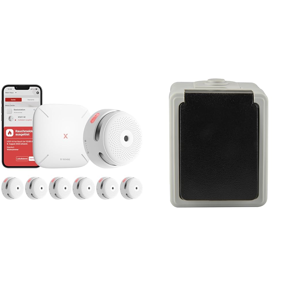 X-Sense XS01-M ProConnected Rauchmelder mit SBS50 Basisstation & UNITEC Steckdose 1-Fach AP FR, für Feuchträume im Innenbereich, mit Berührungsschutz, bis 16A, IP44