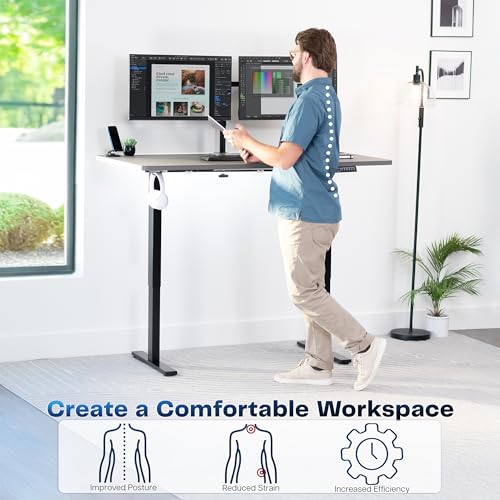 Image of VIVO Dark Gray 60 x 30 in Standing Desk, DESK-KIT-1B6G-30 | Electric, Holds 220 lbs, Sit Stand, Height Adjustable, Extra Deep Table Top, Memory Presets, 1B Series, Black Frame