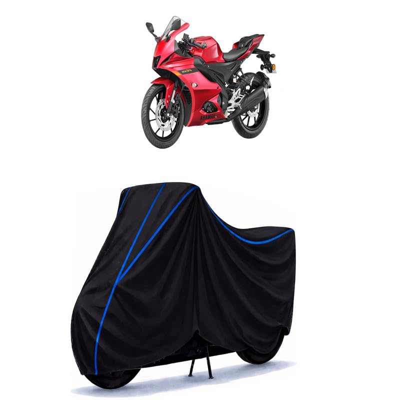 Image of YZF R15S Bike Cover Water Resistant Universal Motorcycle Rain | Heavy Duty UV Protection, Dust, Scratch Indoor Outdoor All Weather with Black Blue Piping Elastic
