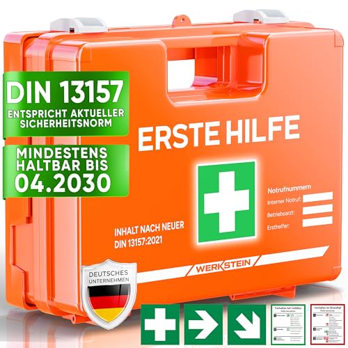 WERKSTEIN® Erste Hilfe Kasten [DIN 13157:2021] inkl. Wandhalterung, 5x Aufkleber & Plombe - Verbandskasten Betrieb - Erste Hilfe Koffer für Betrieb, Büro & Zuhause - Erste Hilfe Set - Sanitätskasten