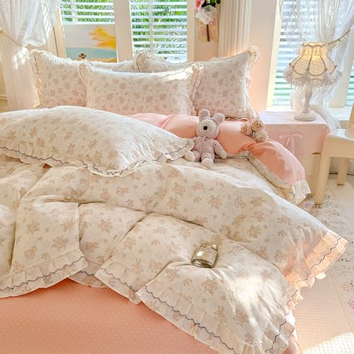 LifeTB Vintage Floral Duvet Cover Set Queen, Chic Coquette Flower Botanical Bedding Set with Ruffle Lace, French Style 100% Cotton Cottagecore Duvet Cover, Aesthetic Flower Princess Lace Bedding Set