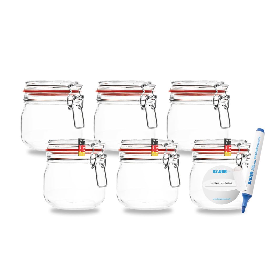 Flaschenbauer - 6er Set Drahtbügelgläser 634ml - Einmachgläser mit Bügelverschluss inkl. Etiketten - Vorratsglas, Bügelglas, Drahtbügelglas mit Dichtungsringen, Aufbewahrungsglas - Made in Germany