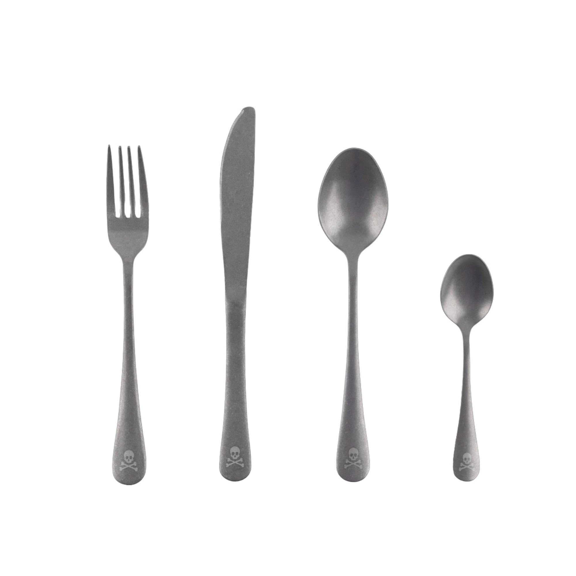 SCALPERS HOME | Juego de Cubiertos de Acero Inoxidable | Set de 16 Piezas | Color Acero Antigüo | Diseño Estilo Vintage con Logo de la Calavera de Scalpers | Cubertería de Acero Inoxidable
