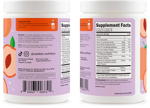 Image of Wellah Creatine + Electrolytes Powder (White Peach Nectarine) 30 Servings | Hydration Drink Mix with 3g of Creatine Monohydrate