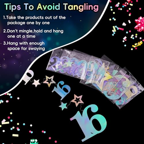 Image of Eucutur Iridescent Sweet 16 Party Decorations for Girls Boys, Pre-Strung Glitter Twinkle Number Vintage 2010 16 Years Old Hanging Streamer Banner Party Supplies, Happy 16th Birthday Gifts Decor