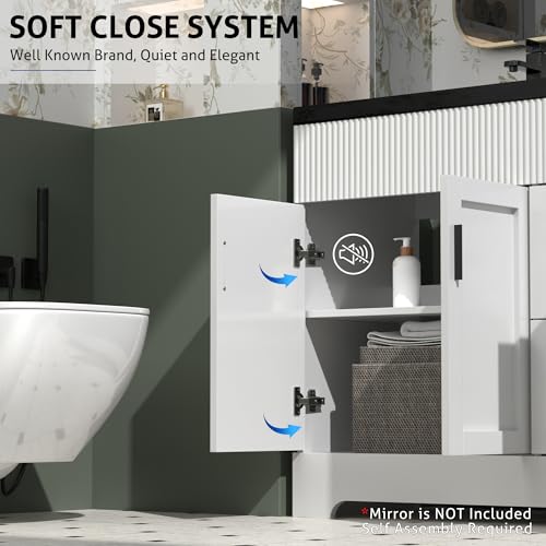 Image of eclife 60 inch Bathroom Vanities Sink Combo with Painted Surface, Modern Drawered Cabinet W /Decorative Wave Lines, Undermount Double Black Sink, Matte Black Faucet Drain, White