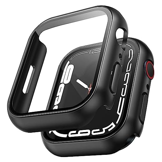 TAURI 2 stycken skyddsfodral kompatibelt med Apple Watch Series 41 mm 7 fodral med pansarglas displayskydd, 360° runt ultratunt PC hårt fodral, reptåligt hårt fodral för iWatch 41 mm Series 7 – svart