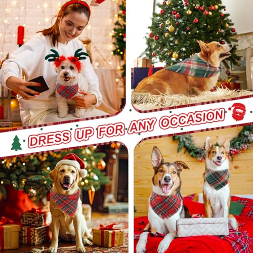 Vivifying Dog Christmas Bandana with Tassels Edges, 2 Pack Classic Plaid Triangle Dog Apparel & Accessories, Funny Holiday Pet Scarf Costume for Photo Prop, and Party Decor (Large, Red&Green)
