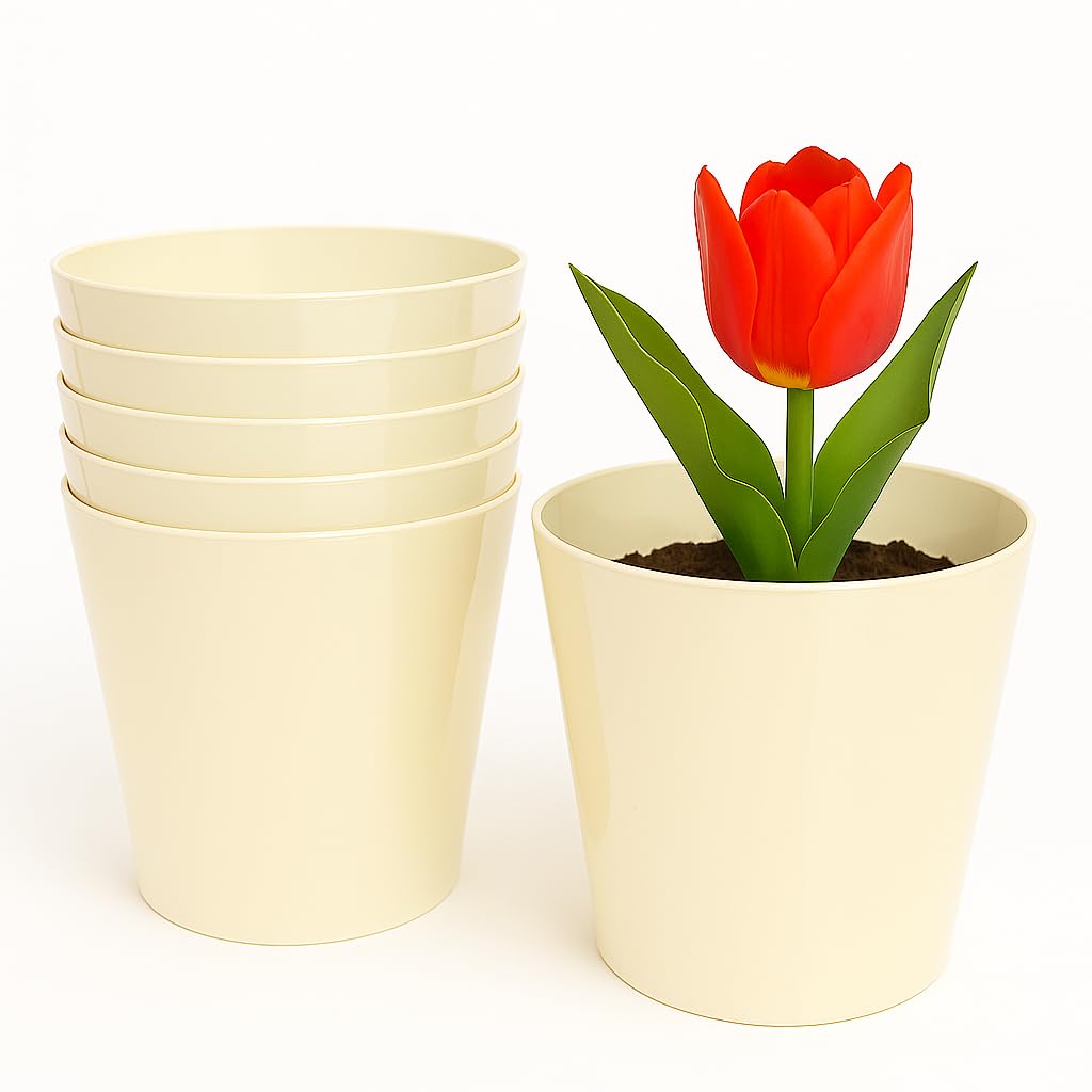 Home Garden Ornaments Plant Pots Indoor 6pcs Glossy Decorative Plastic Flower Pots, Vibrant Decorative Pots (Cream, 15 cm / 5.9 in)