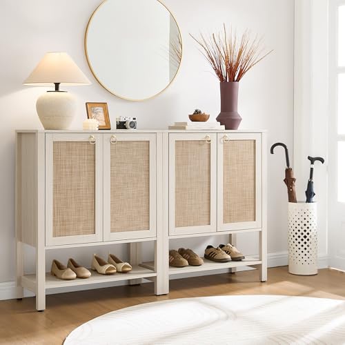 Image of SICOTAS Shoe Storage Cabinet for Entryway - 5 Tier Rattan Entry Shoe Organizer Cabinet with Shelves & Doors, 2 Pieces Farmhouse Boho Shoe Rack for Hallway, Living Room, Closet (White Cream Oak)