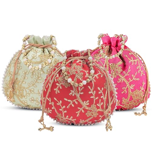 Image of Kuber Industries Pack of 3 Potli Bags for Ladies & Girls | Shagun Pouches for Festive Seasons | Embroidery Bridal Purse -Green, Pink & Red