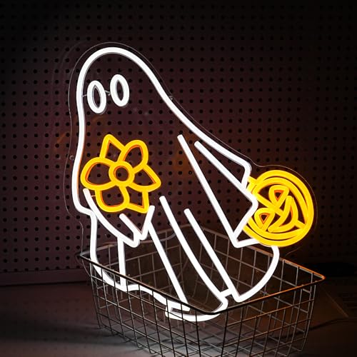Image of Ghost Neon Sign for Wall Decor Dimmable USB Powered Pumpkin Led Light sign Halloween Ghost Neon Light for Halloween Party Game Room Neon Decor (Yellow White)