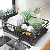 Dish Drying Rack - Stainless Steel Dish Rack for Kitchen Counter, Large-Capacity Dish Drainer with Cutlery Holder, Kitchen Organizer for Dishes, Spoons and Forks, Black