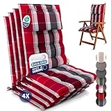 Beautissu 4er Set Premium Hochlehner Auflage Kopfpolster 120x50cm Sun HL – 8cm Dick Polster Gartenstuhlauflage rutschfest Befestigungsbänder UV Lichtechtheit 5 – Robust Stoff Rot Anthrazit Gestreift