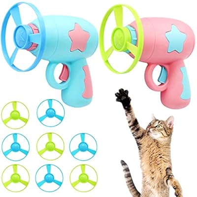 Uooker Cat Toys, 10 Pcs Spinning Shooter Flying Disc Toys with 2 Launchers & 8 Discs for Cats & Children, Interactive Cat Toy, Cat Gifts Funny Flying Toys for Cat Small Dogs Exercise(Pink, Blue)