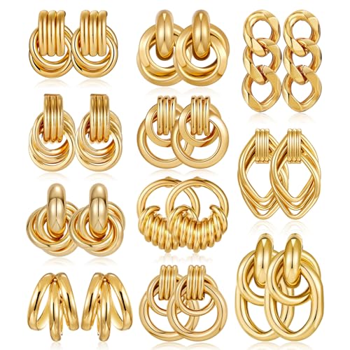 11 Pairs Trendy Gold Knot Earrings for Women Chunky Statement Long Link Drop Dangle Earrings Fashion Lightweight Hypoallergenic Jewelry Set