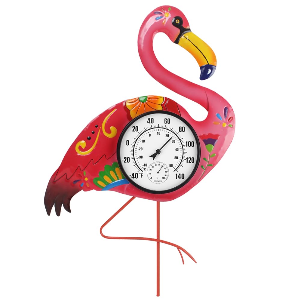 Flamingo - Termómetro para interiores y exteriores con humedad, termómetro exterior decorativo de 24 pulgadas para patio, jardín, decoración de sala de estar, números grandes fáciles de leer