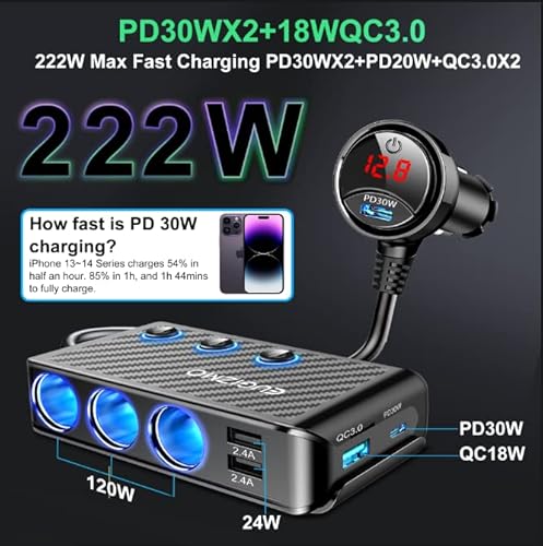 Car Cigarette Lighter Adapter, Dual Usb C Pd30W 3-Sockets Car Cigarette Splitter & Qc 3.0 Fast Car Charger For 12V/24V Vehicles, 222W Led Indicator & Independent Switches For Gps/Dash Cam/Phone #TOP1