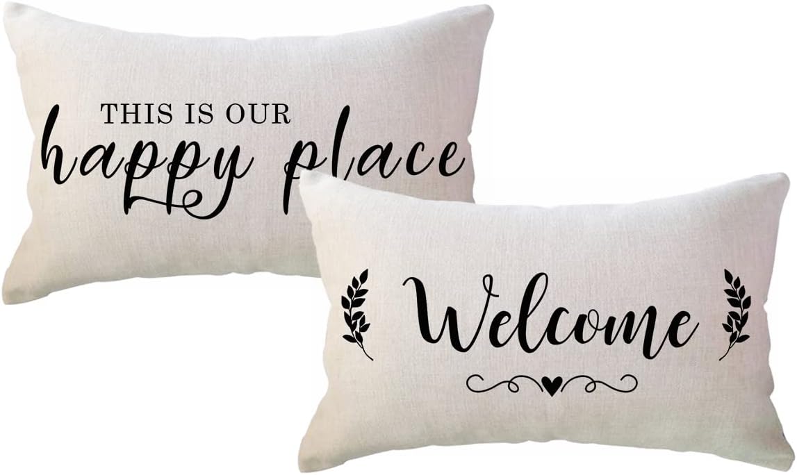 ULOVE LOVE YOURSELF 2Pack Welcome to Our Happy Place Decorative Pillowcases Home Quotes Lumber Cushion Covers 12 x 20 Inch Rustic Family Words Farmhouse Decor for Sofa/Couch/Porch