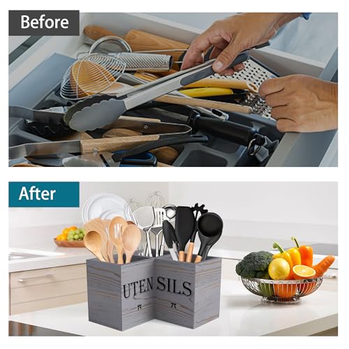 Image of Suli Extra Large Kitchen Utensils Holder with 3 Compartments,Corner Shelf,Wooden Utensil Organizer for Kitchen Countertop, Farmhouse Decor, Rustic Cooking Utensil - Grey grain