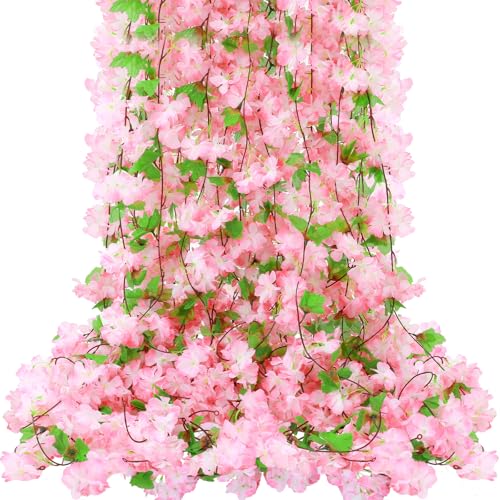 Nuenen 12 Pcs 92.5 FT Artificial Cherry Blossom Flower Vines Bulk,Pink