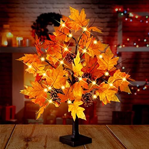 Cke 24 Inch Artificial Fall Tree Lighted Maple Tree Battery Usb Operated W/Timer, 24 Led Thanksgiving Decorations Table Lights Tree For Autumn Wedding Party Gift Indoor Outdoor Harvest Home Decoration #TOP7