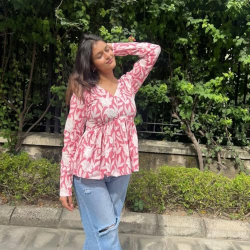 Image of Women's Floral Print Reyon Peplum Top - Casual Loose Fit 3 /4 Sleeve Tunic top, Stylish V-Neck Flared Kurti, Comfortable Everyday Wear