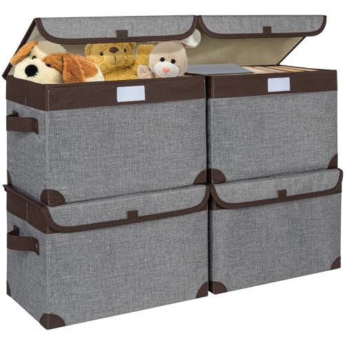 ANILD Large 22 Quarts Linen Fabric Foldable Storage with PU Leather Handles, Convenient and durable Collapsible Stackable Storage Bins Best for Home, Closet, Office, Nursery (14.6 x 9.5 x 9.5, 4 Pack)