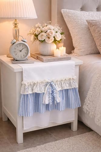 WWW.THROWPILLOW.IN Vintage Linen Blue & White Frill Table Runner Stripe Cotton Farmhouse Striped| Dining Table, Coffee Table & Console Decor|Neutral Modern Rustic 13x26 Inches|for 1.5 Feet Long Table