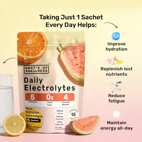 Image of What's Up Wellness Daily Electrolytes Powder - Assorted Flavour Pack | Zero Added Sugar | Instant Hydration - Sodium, Potassium, Magnesium & Zinc | Vegan - 90 Sachets | Pack of 6