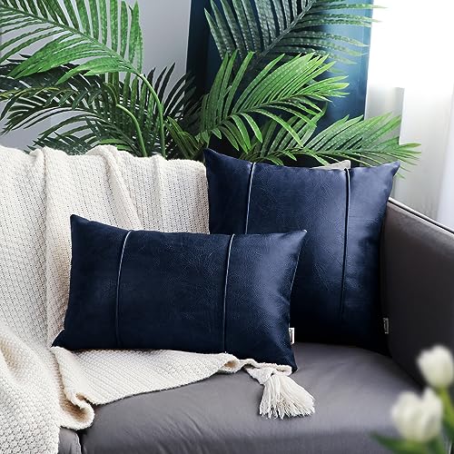Image of BRAWARM Navy Blue Leather Throw Pillow Covers 12 X 20 Inches - Faux Leather Lumbar Pillow Cover with Piping, Hand Stitched Leather Throw Pillow for Couch Sofa Bed Living Room Home Decorative
