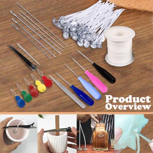 Image of 119PCS Candle Making Kit Mold Punch Needle with Hook Eye,Candle Wick Inserting Tool for Molds Long Wick Needle for Candle Making,Candle Wick Roll 200 Ft 24 Wick Spool,100 Piece 6 inch Natural Candlewick