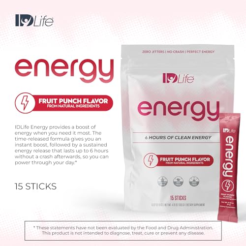 Image of IDLife Energy - Fruit Punch - Sustained Energy Boost with Powder, Healthy Drink for Work, Gym & Daily Use, No Jitters or Crash - 15 Sticks per Bag