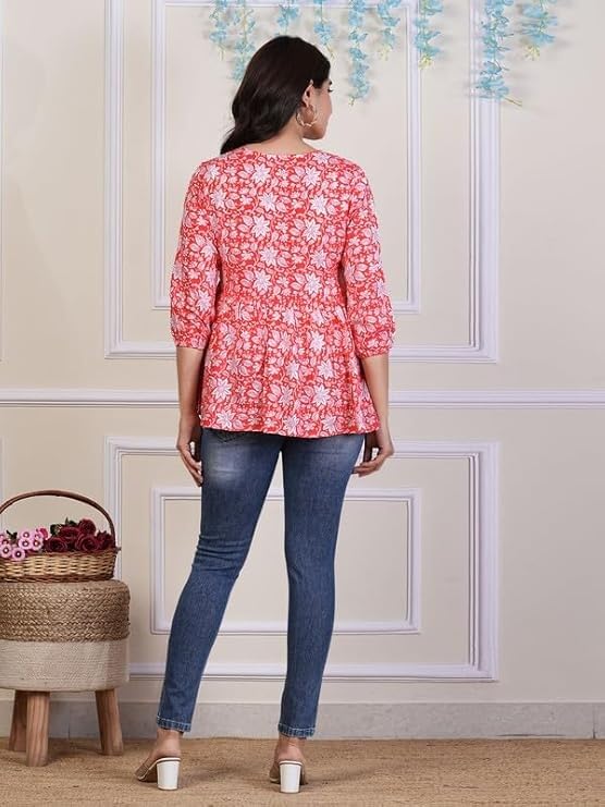 Image of Women's Regular Fit Printed Tunic Top with 3 /4 Sleeves and V Nack Long Length | Short Kurta for Women