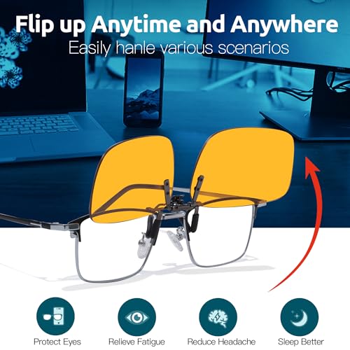 Image of VIEWBETTER Clip On Blue Light Blocking Glasses Over Prescription Glasses Reduce Eyestrain Metal Rimless Clips (Flip Up) V309