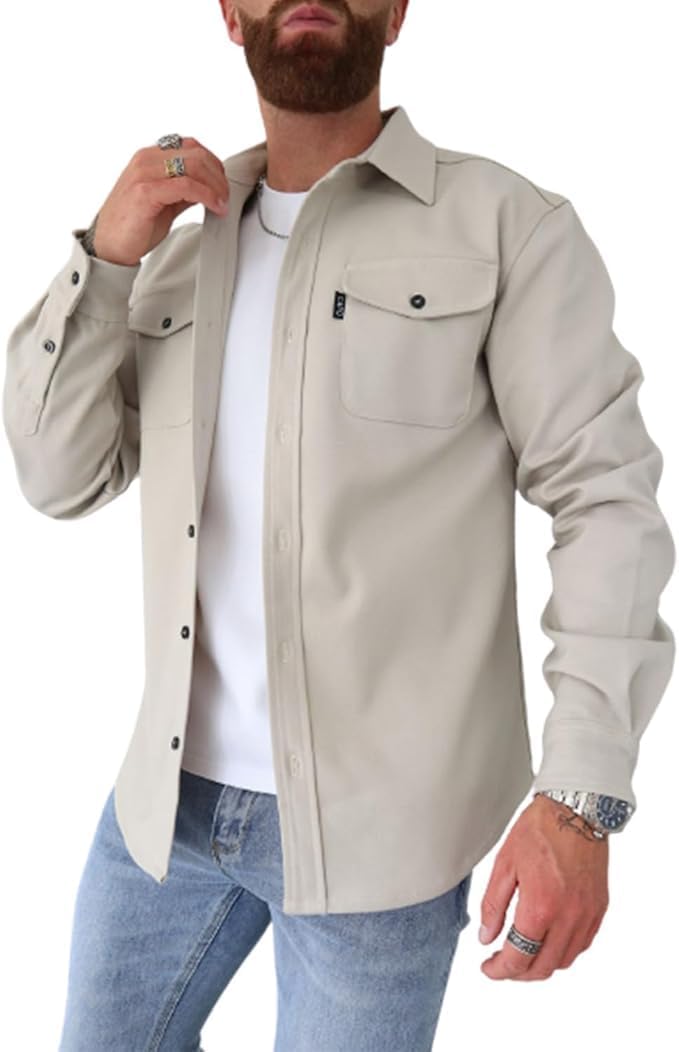 Men's B Button Down Shirt Jacket - Casual Stylish Shirt Jackets for Youth