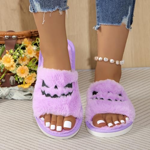 Slippers for Women 2025,Women's Spooky Slides Halloween Slipper Lantern Pumpkin Soft Plush Cozy Open Toe Indoor Outdoor Fuzzy Slippers4