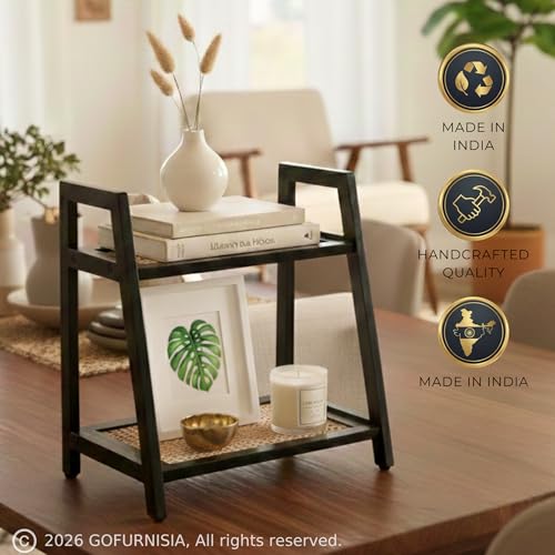 Image of GOFURNISIA Handcrafted Wooden Rattan Display Rack | 2-Tier Premium Vanity Countertop Shelf for Cosmetics | Dining Table Decor Rack | Solid Wood + Natural Cane Webbing | Made in India | Black, Beige