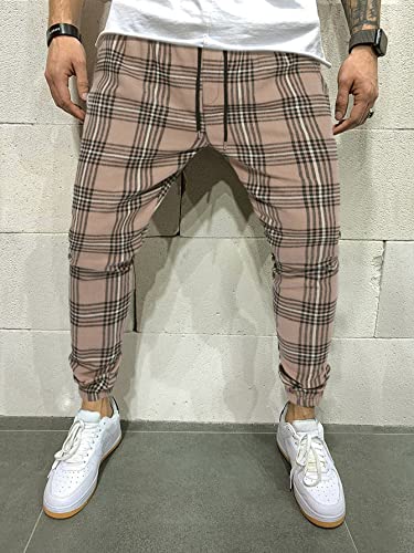 Wdirara Men's Plaid Drawstring Waist Joggers Active Sweatpants With Pockets Multicolored L #TOP4