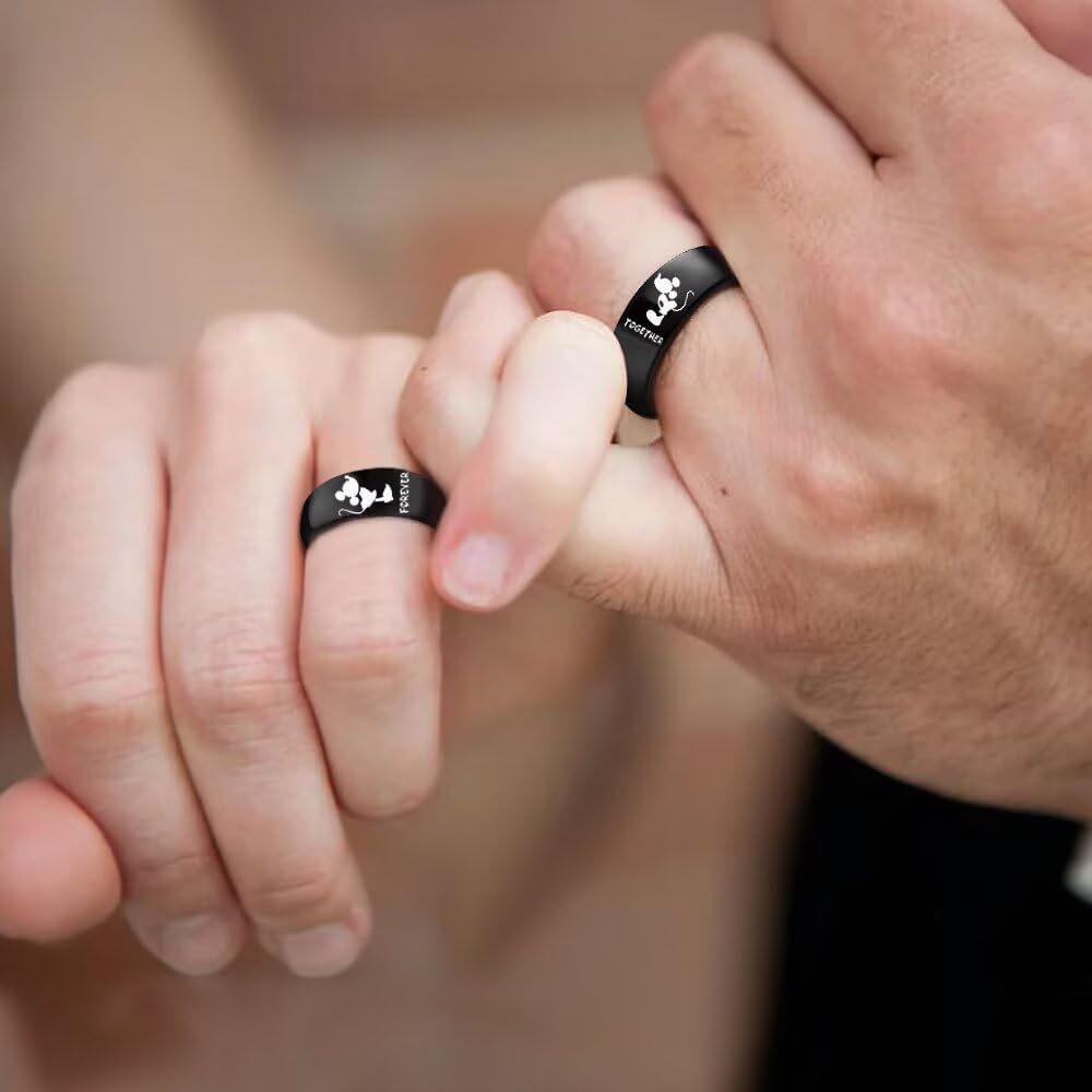 XAHH 6mm Black Stainless Steel Ring for Men Women, Mickey and Minnie Kissing Design Cartoon Couple Rings Forever Together Promise Wedding Band Size 5-13 (Sold Individually)