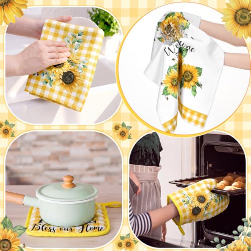 Leinuosen 8 Pcs Sunflower Yellow and White Checkered Kitchen Towels and Dishcloths Sets Pot Holders and Oven Mitts Sets Absorbent Kitchen Gloves Potholders Heat Resistant for Chef Baking Cooking - Image 4