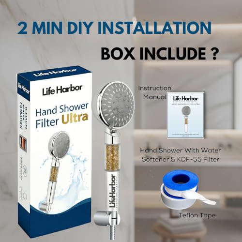 Image of Life Harbor Hand Shower Filter for Hard Water | 15 Stage Purifier | Shower Head Water Softener for Hair Fall, Dry Skin | 2X Active Filtration Media (Hand Shower Ultra: 15 Stage + KDF-55)