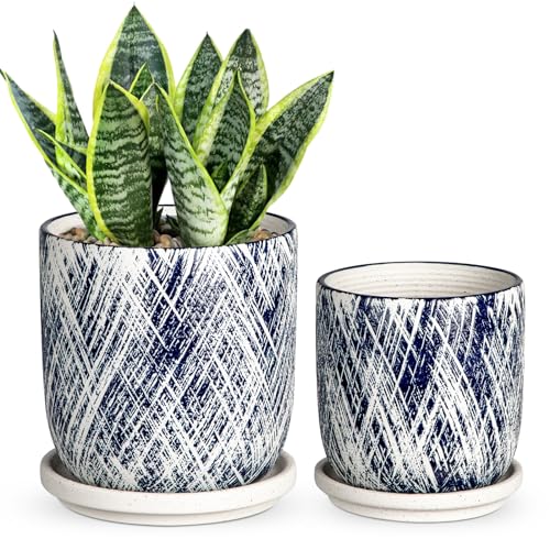 Hollyone 2PCS Ceramic Plant Pots 13CM 15CM, Indoor Round Garden Planters with Saucers and Drainage Hole, Blue Flower Pots Decorative Succulent Pots Outdoor Cactus Pots Mini Herb House Plants