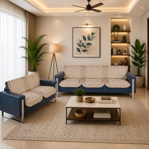 Image of Premium Chenille Woven Anti-Slip 3 Seater + 2 Seater Sofa Cover | L-Shape Sofa Seat Protector for Living Room | Durable & Stylish Slipcover - Beige