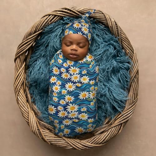 Image of Groovey Waves and Daisies Newborn Swaddle Blankets Hat Sets Soft Baby Receiving Blanket Swaddle Sack for Baby Shower Infant Boy Girl Gift