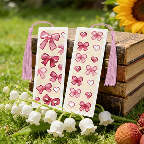 Image of ACRNIGHEET 6PCS Cross Stitch Bookmark Kit for Beginner Cute Pink Bow Stamped Cross Stitch Kits Needlepoint Kit for Adults DIY Tassel Embroidery Bookmark Kits with Instructions Craft Gift 8.5 inchx3 inch 11CT