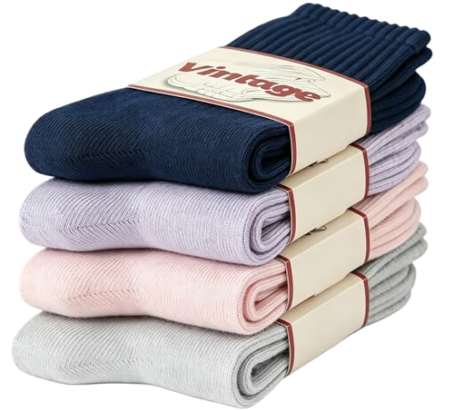 Image of DAUCO 4 Pairs 98% Cotton Socks for Men Women Crew Seamless Fall Slouchy Socks